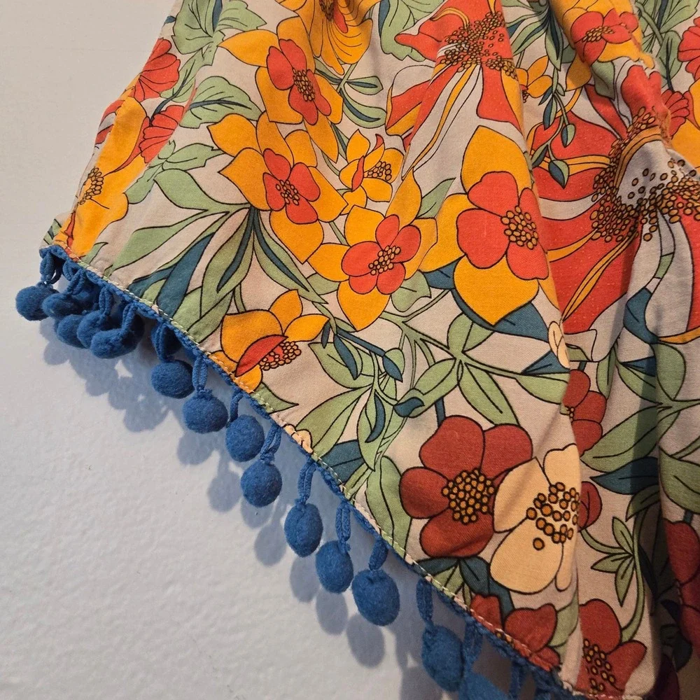 Natural Life Shorts Womens Large Orange Floral Pom Pom Trim Boho Festival Retro